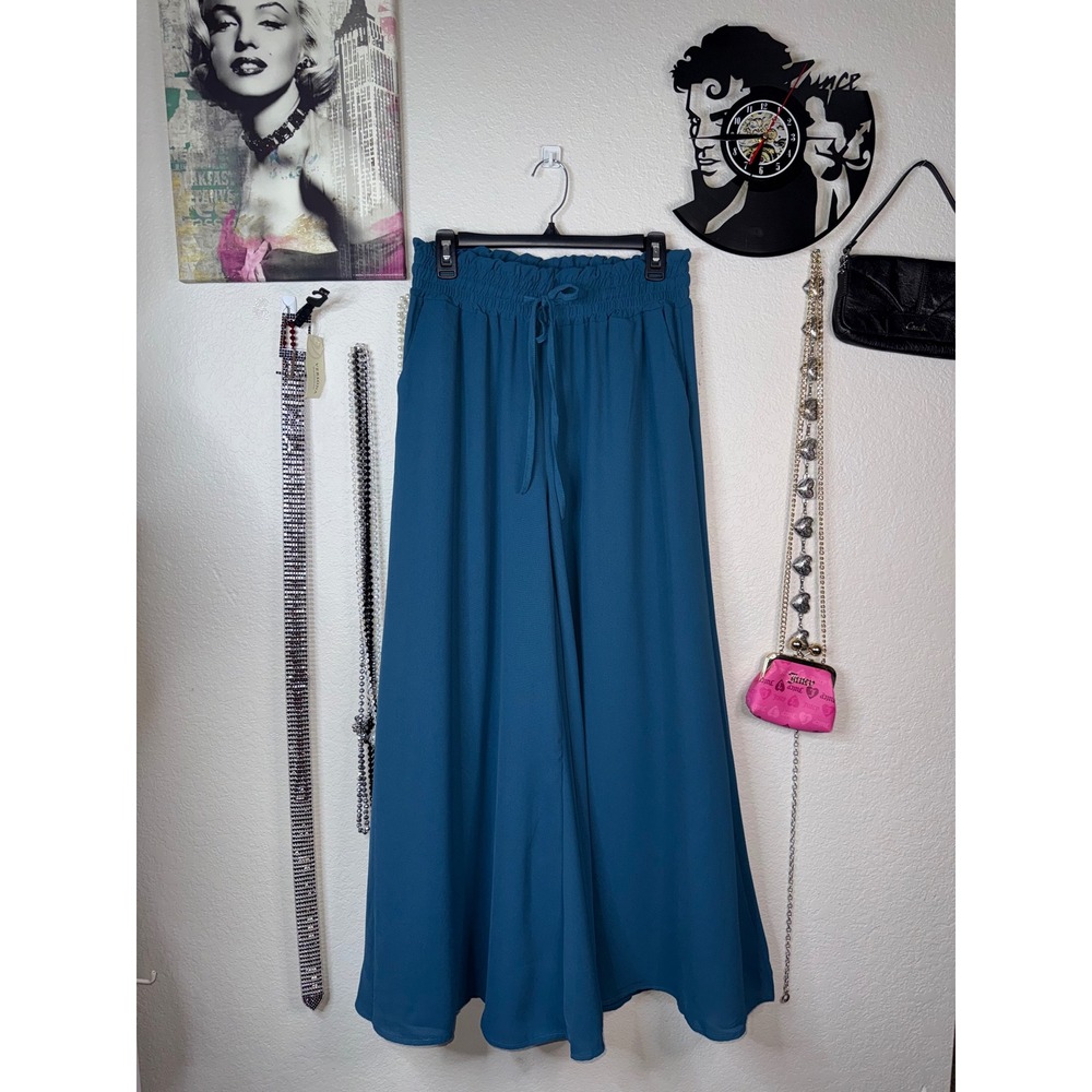Teal Blue Wide Leg Culotte Pants Womens L Paperbag Smocked High Waist Cropped